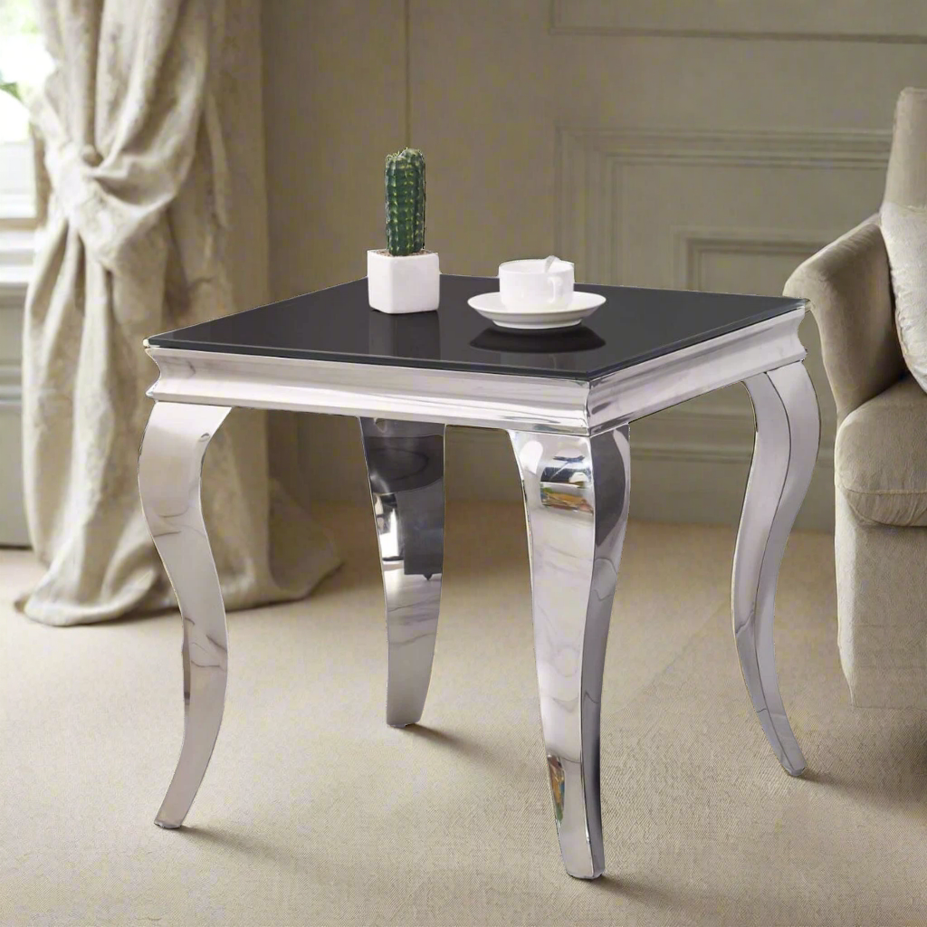 Stainless Steel Legs And Black Glass Top Lamp Table