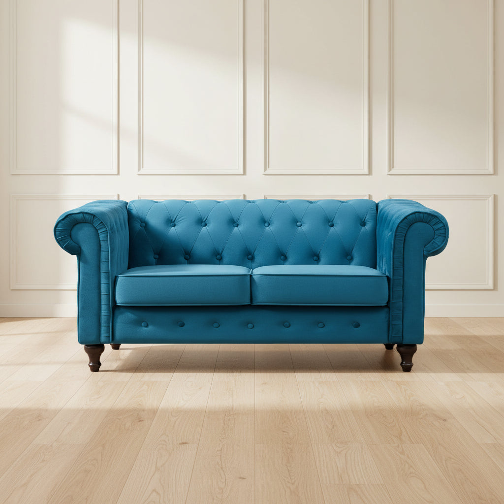 TEAL VELVET UPHOLSTERED 2 SEATER CHESTERFIELD