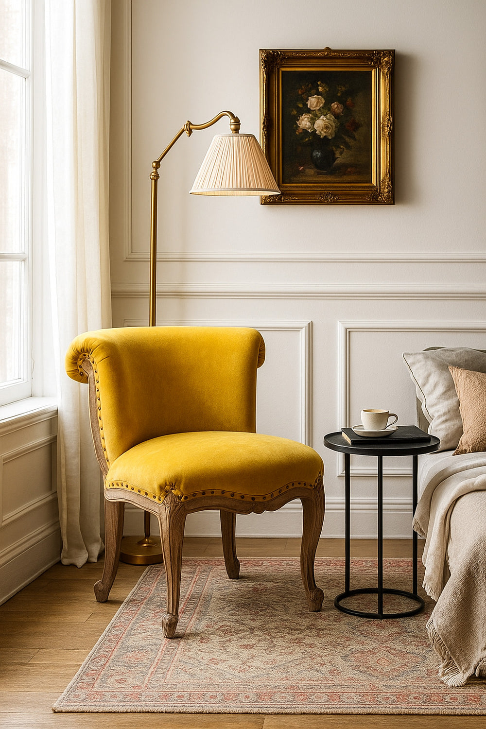 Yellow chair in a stylish room with a lamp and painting on the wall. The Heritage Collection By Harry Christian. 