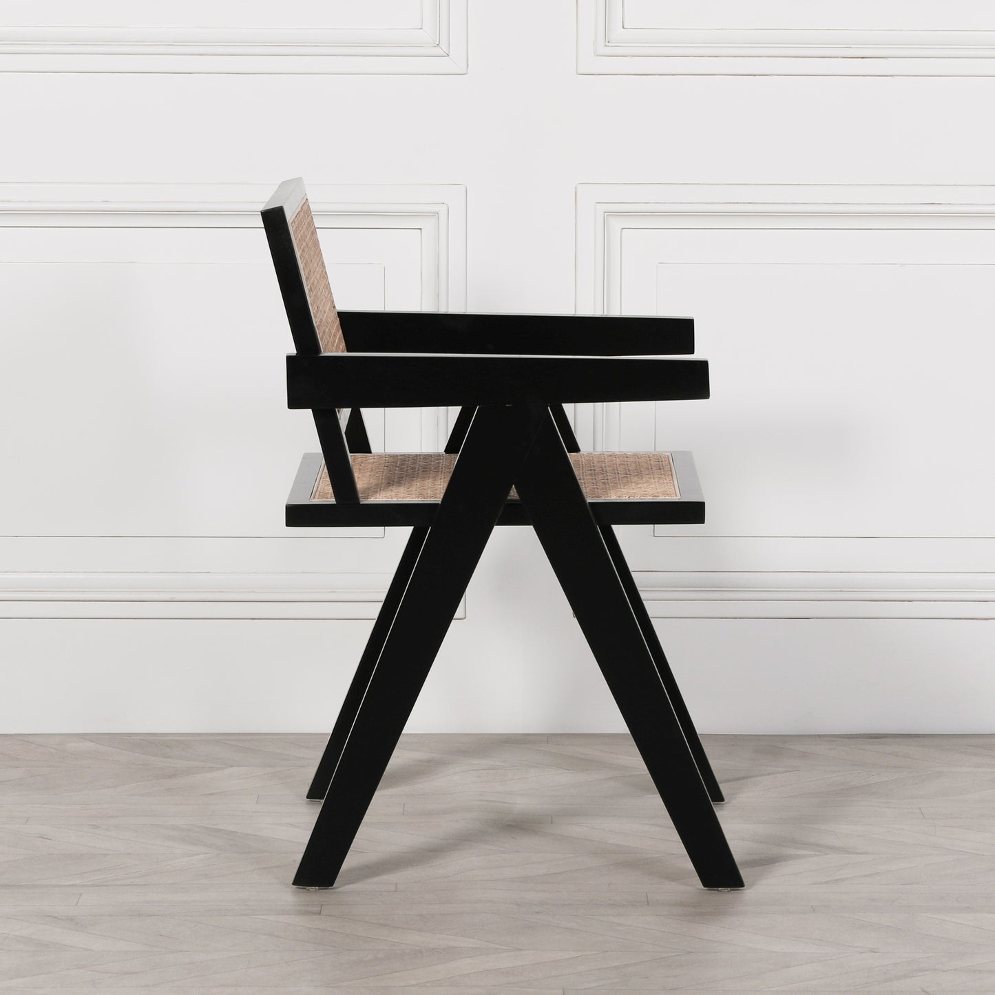 Black Wooden Round Column Dining Table With 4 Black Painted Wooden Cane Dining Chairs