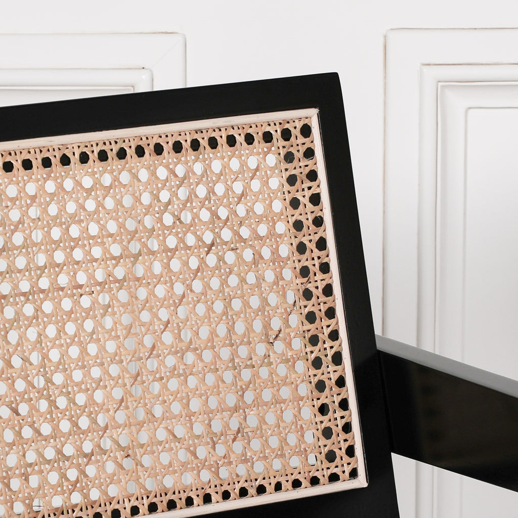 Black Wooden Round Column Dining Table With 4 Black Painted Wooden Cane Dining Chairs