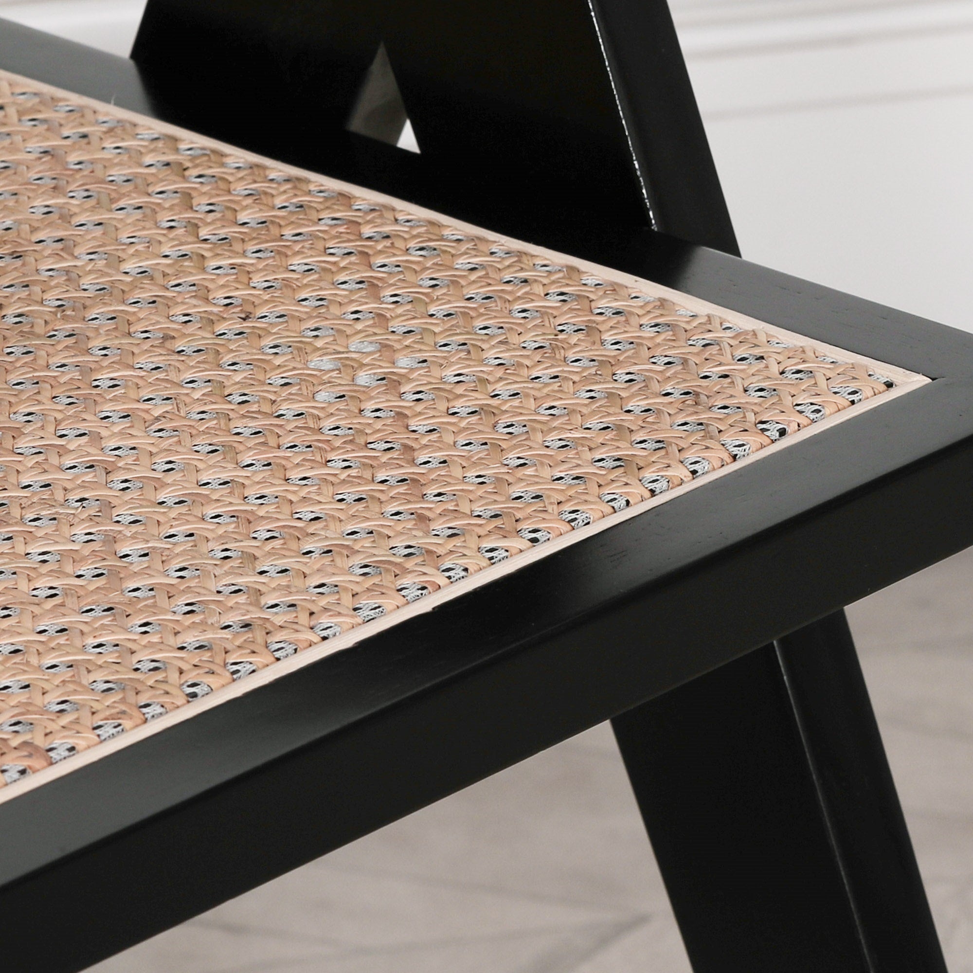 Black Wooden Round Column Dining Table With 4 Black Painted Wooden Cane Dining Chairs