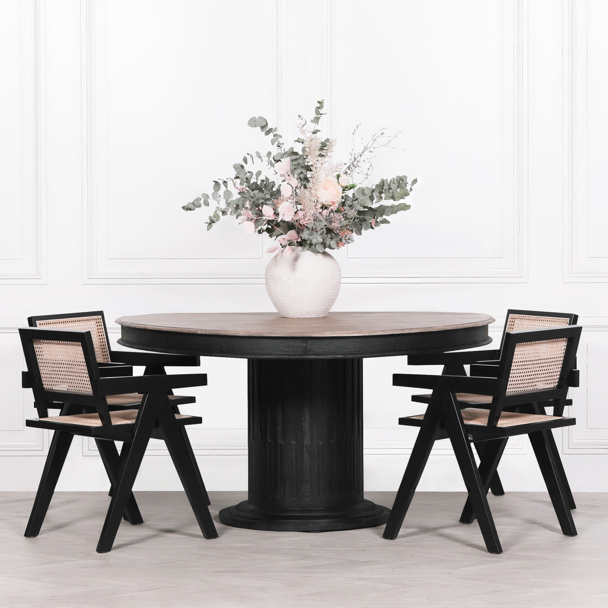 Black Wooden Round Column Dining Table With 4 Black Painted Wooden Cane Dining Chairs