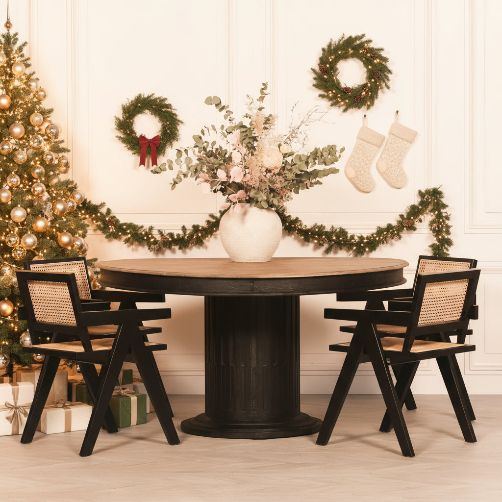 Black Wooden Round Column Dining Table With 4 Black Painted Wooden Cane Dining Chairs