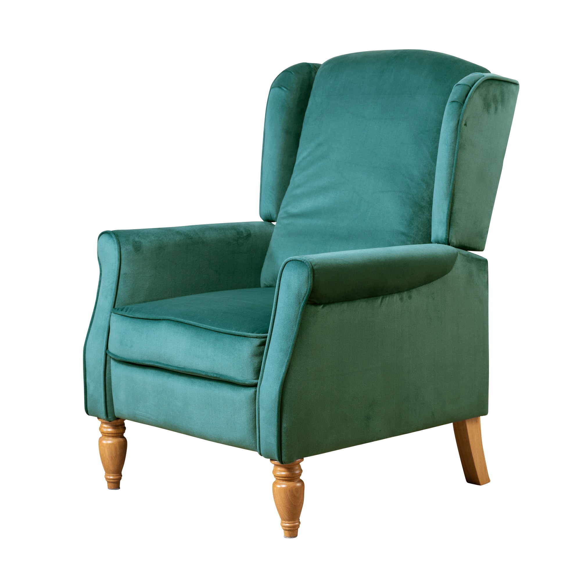 Green Velvet Armchair with Reclining Back Function and Oak Legs