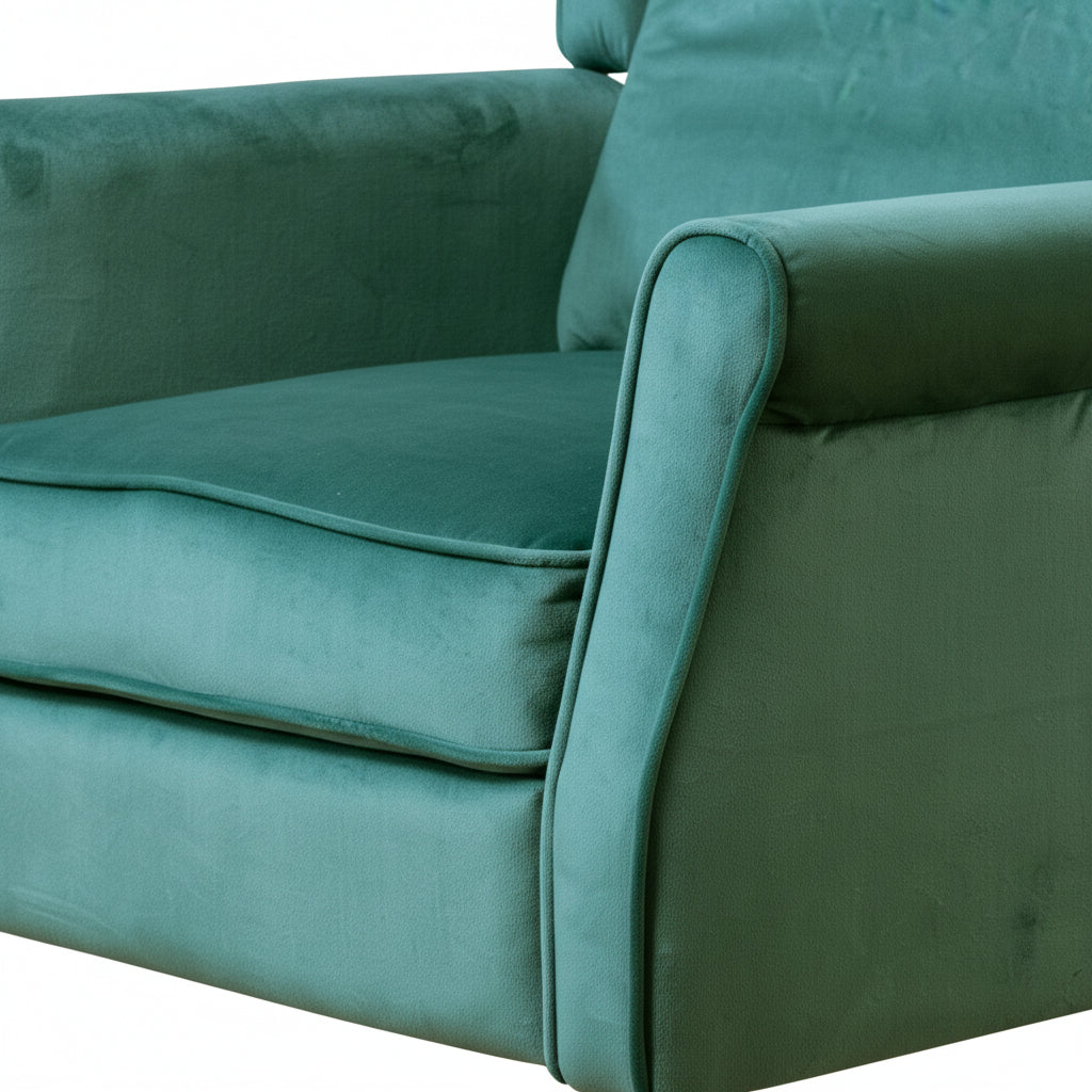 Green Velvet Armchair with Reclining Back Function and Oak Legs