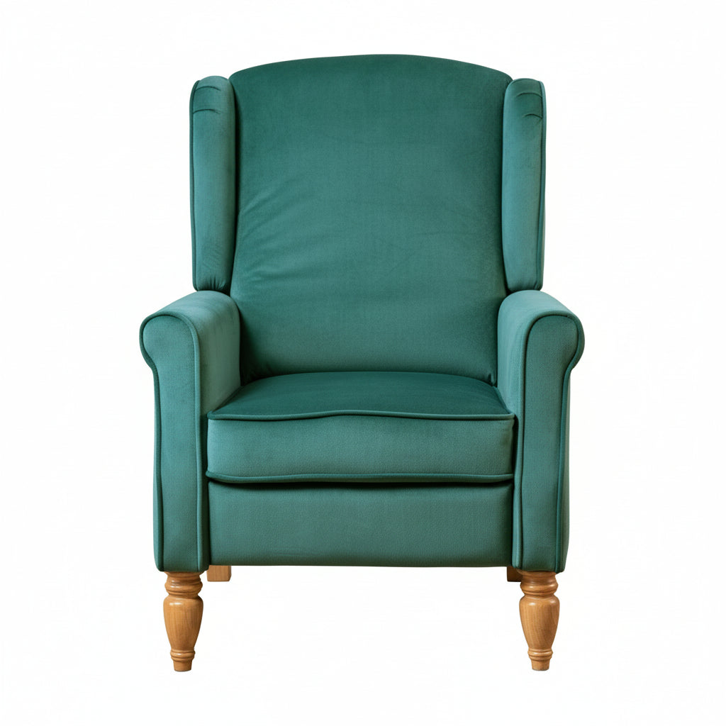 Green Velvet Armchair with Reclining Back Function and Oak Legs