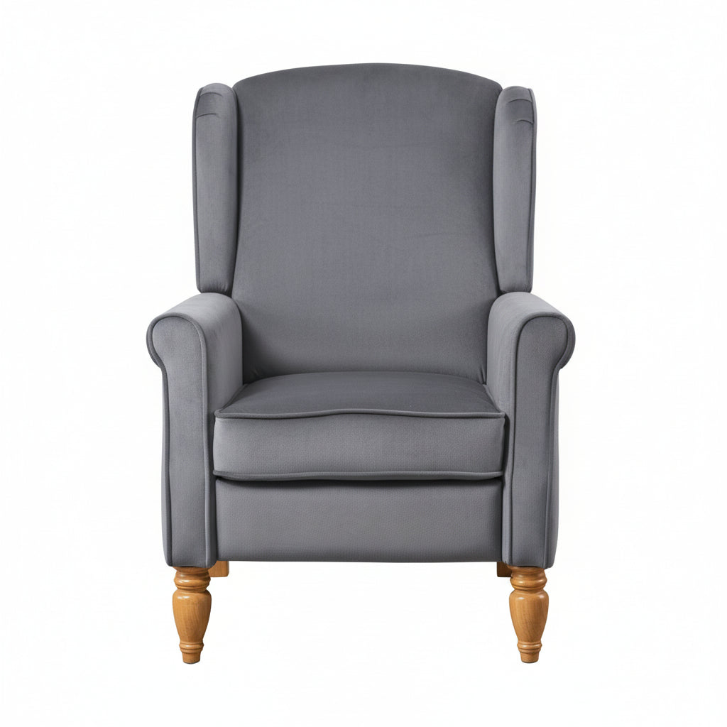 Grey Velvet Armchair with Reclining Back Function and Oak Legs