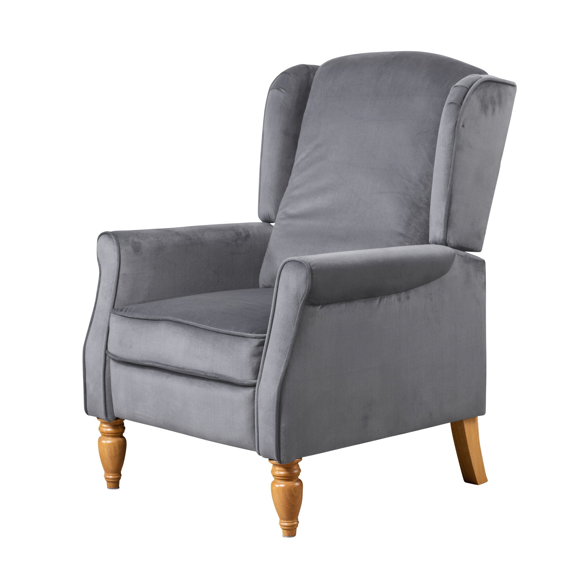 Grey Velvet Armchair with Reclining Back Function and Oak Legs