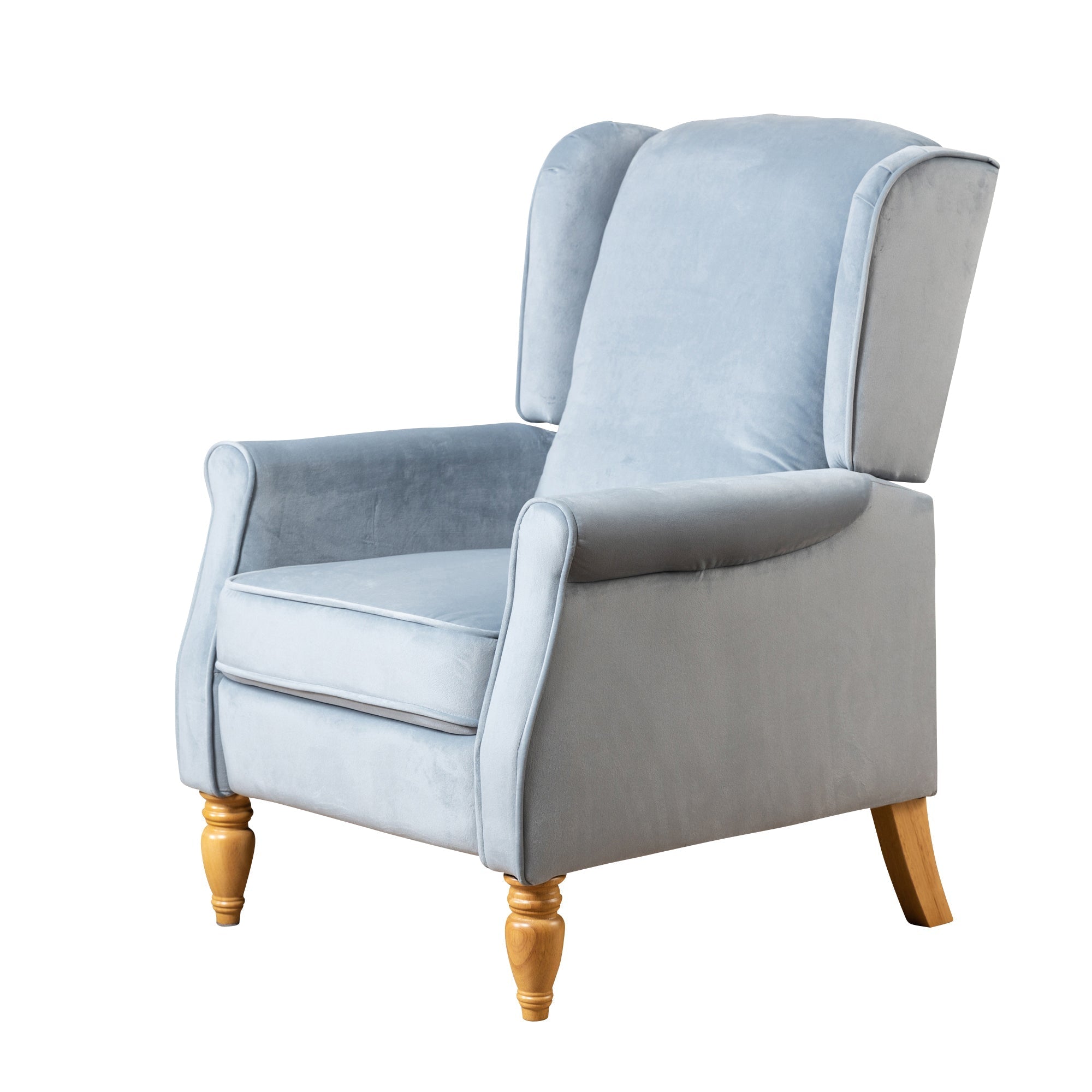 Baby Blue Velvet Armchair with Reclining Back Function and Oak Legs