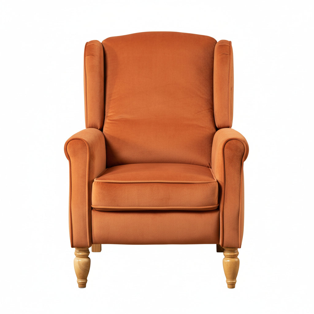 Burnt Orange Velvet Armchair with Reclining Back Function and Oak Legs