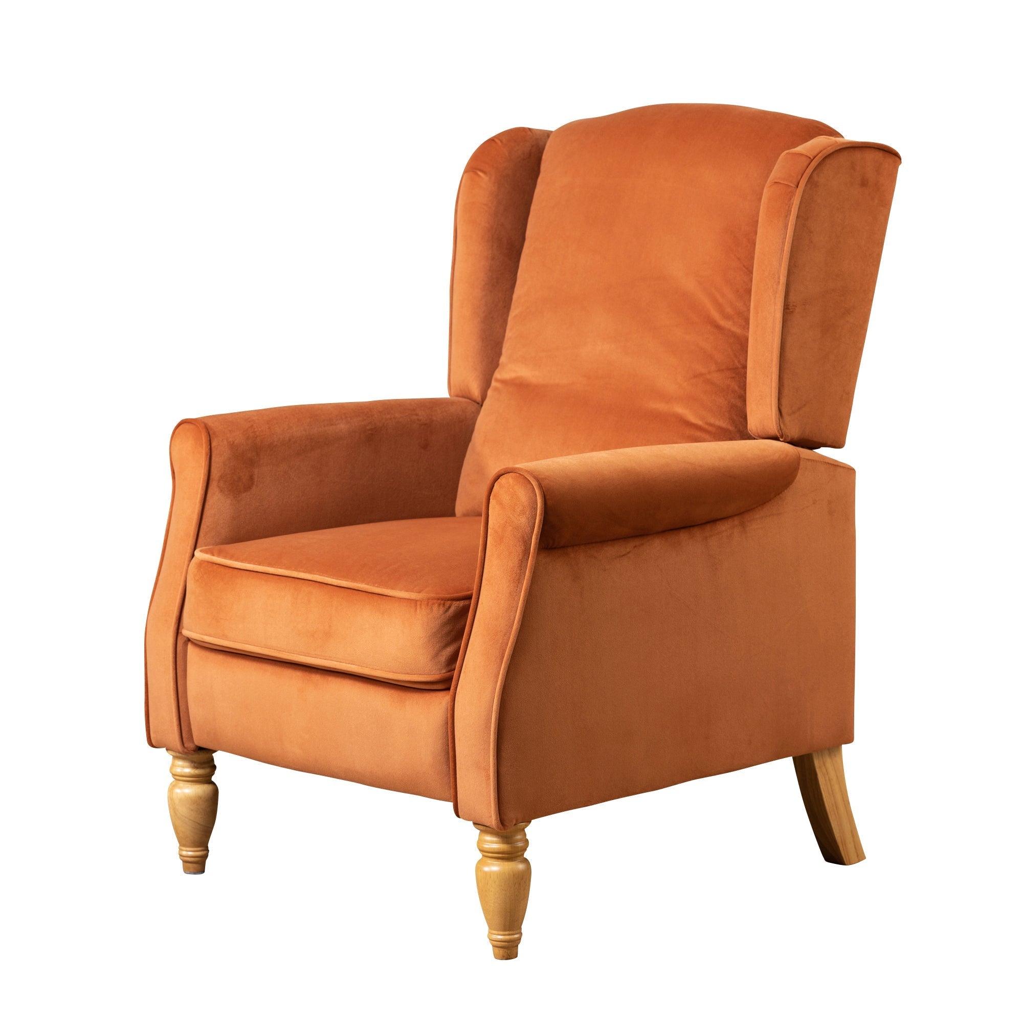 Burnt Orange Velvet Armchair with Reclining Back Function and Oak Legs