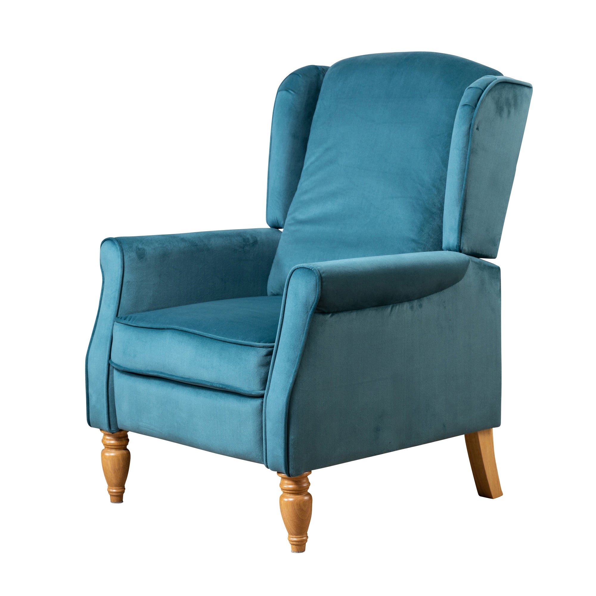 Teal Velvet Armchair with Reclining Back Function and Oak Legs