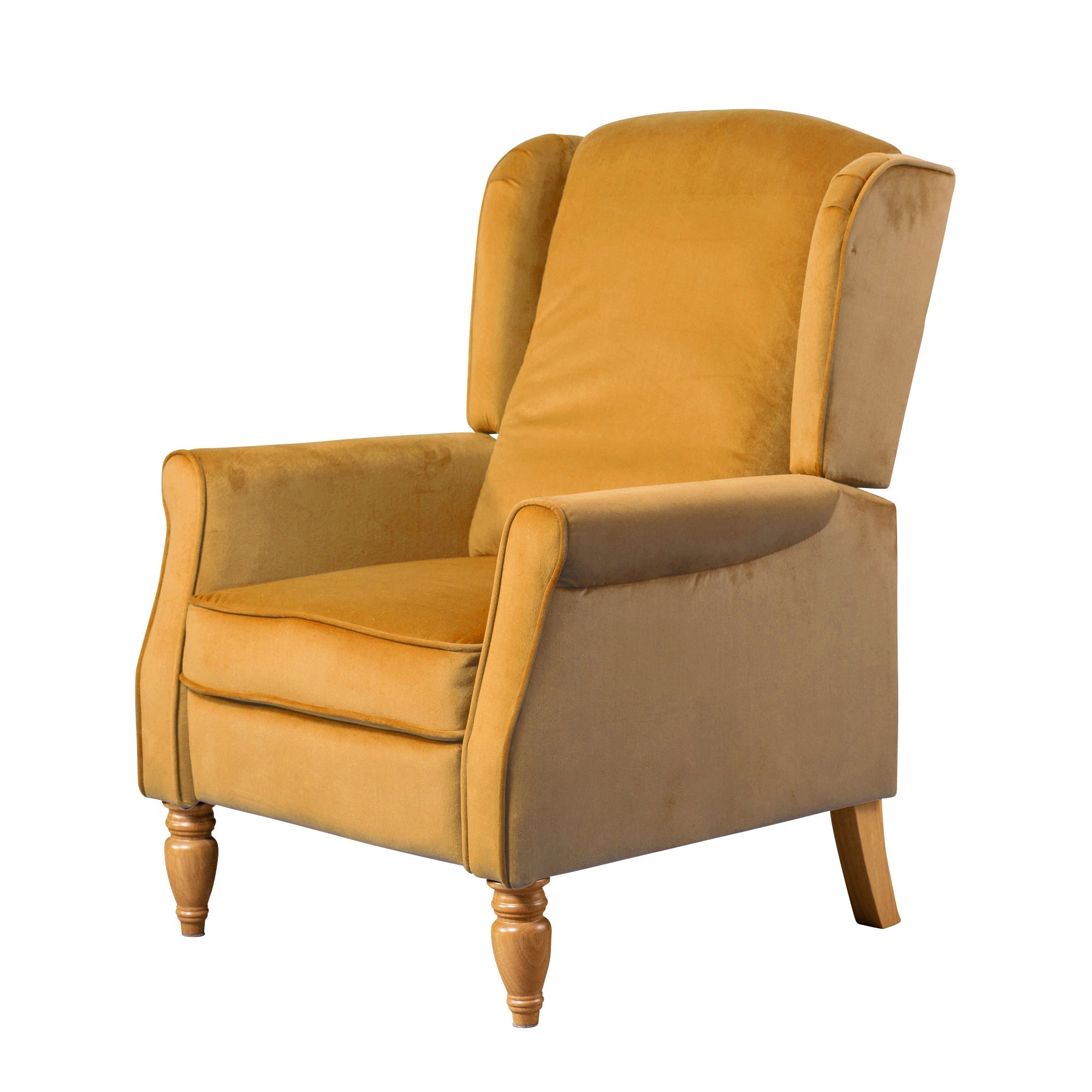 Mustard Yellow Velvet Armchair with Reclining Back Function and Oak Legs