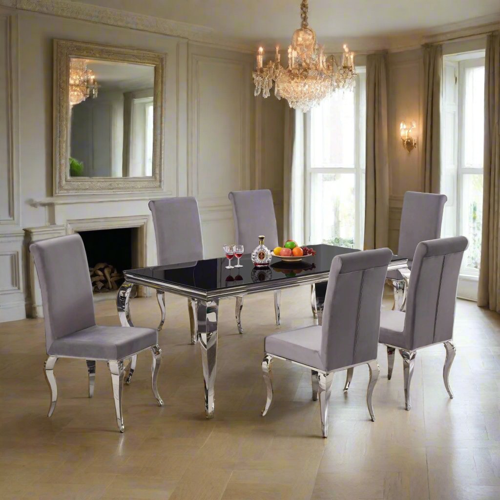 carlton dining table with silver steel legs and black glass top heritage home