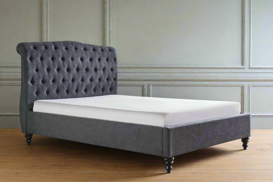 dark grey velvet classical style kingsize button pressed headboard design at heritage home uk