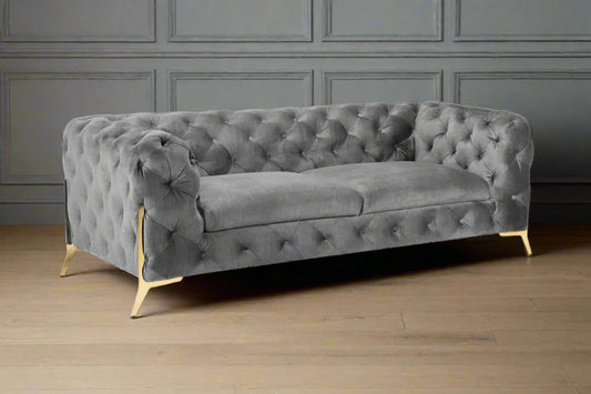 grey plush fabric button-tufted sofa heritage home uk