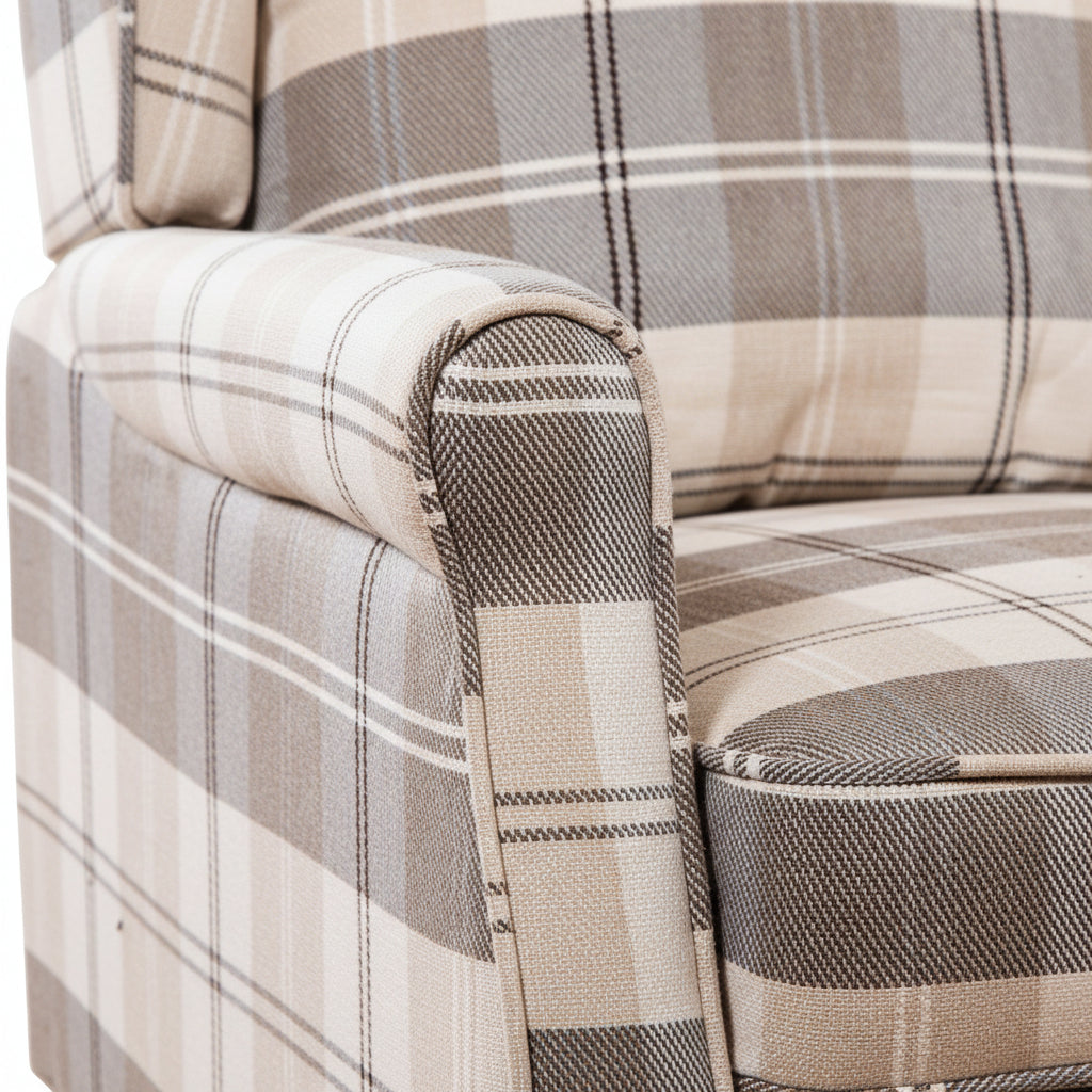 Beige Chequered Fabric Push Back Recliner Chair Fabric Armchair