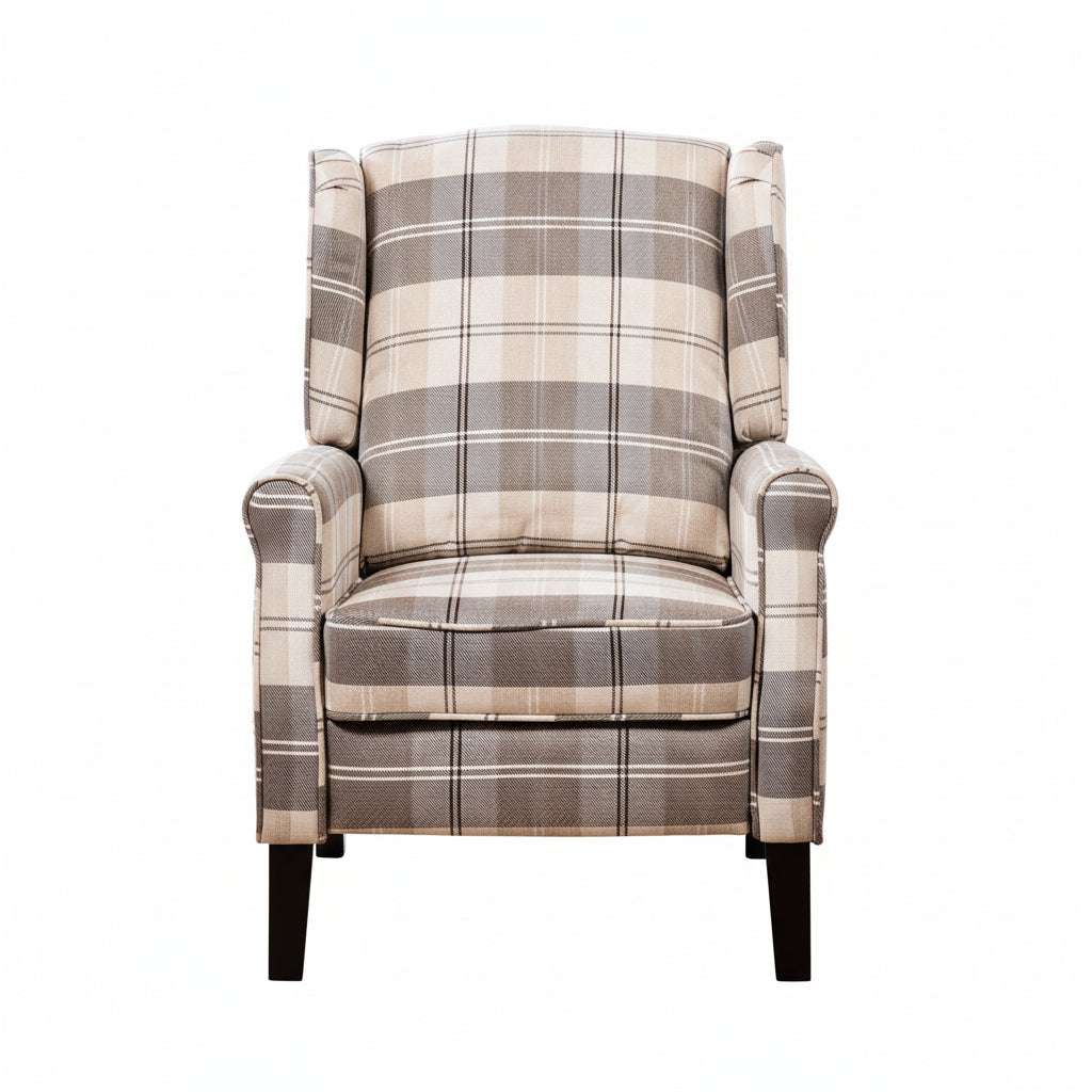 Beige Chequered Fabric Push Back Recliner Chair Fabric Armchair
