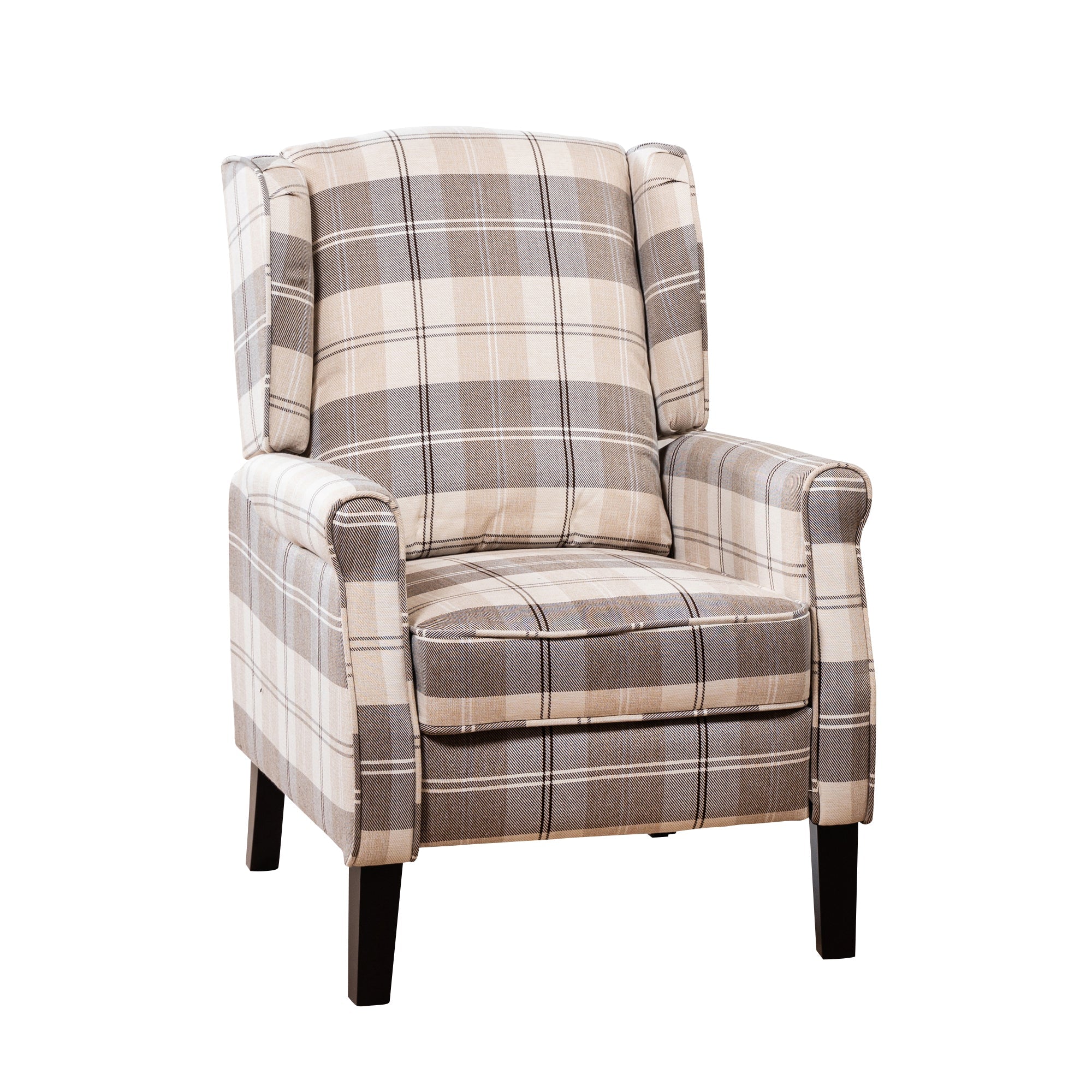 Beige Chequered Fabric Push Back Recliner Chair Fabric Armchair