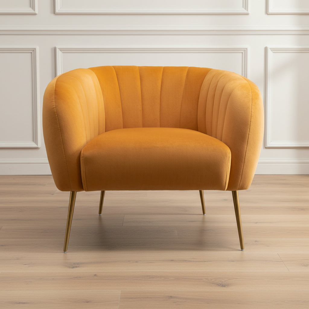mustard yellow velvet armchair with gold legs